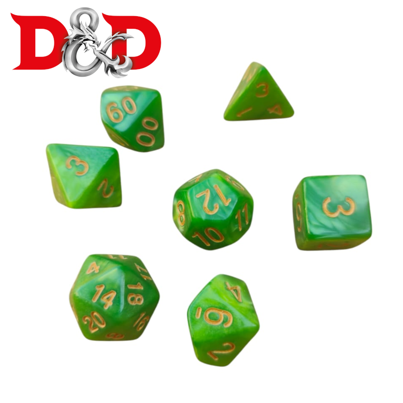 Kit de Dados para DnD y juegos de rol - verde  / dorado (10)