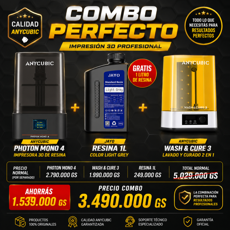 Impresora 3D Resina Anycubic Photon Mono 4 + Wash and Cure 3 + 1L Resina